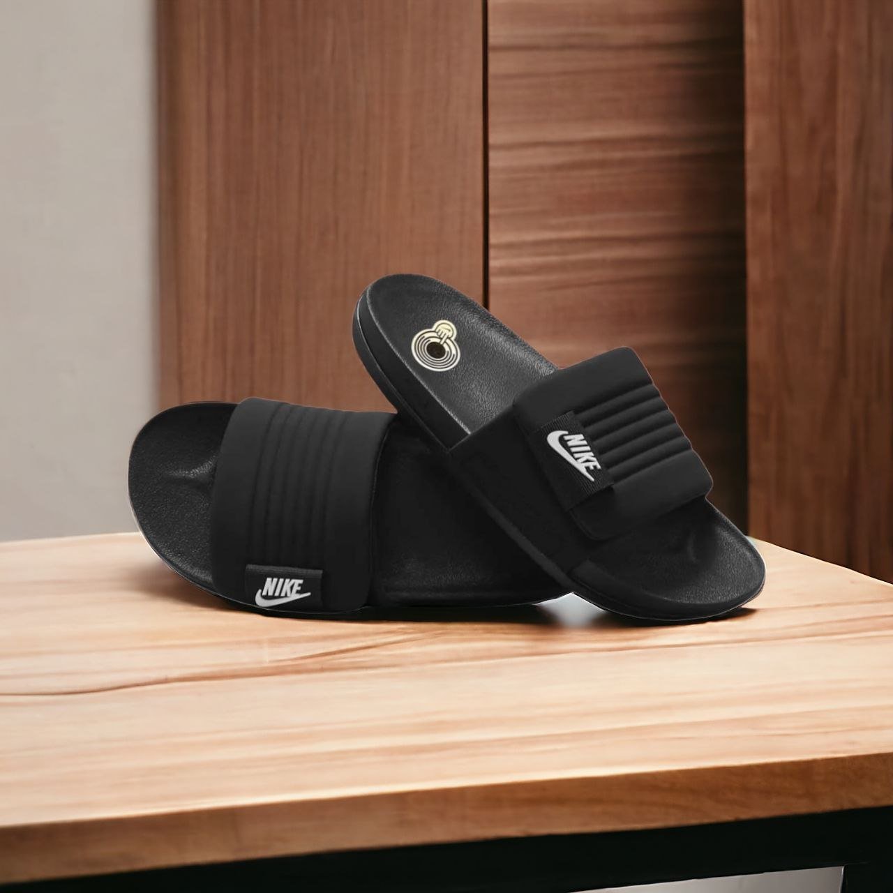 Nike Slides || Color - Full Black with Strap with white logo || Imported