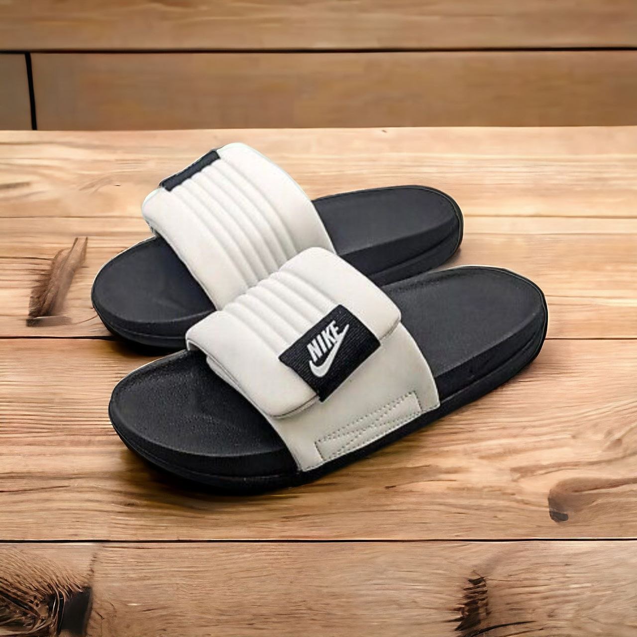 Nike Slides || Color - Black with White Strap with Black logo || Imported